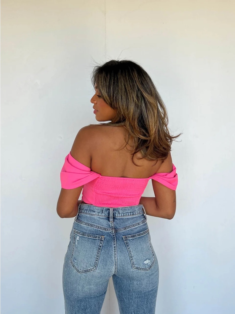 vestique Off-Shoulder Ruched Crop Top - Bright Pink - Picture 2 of 3